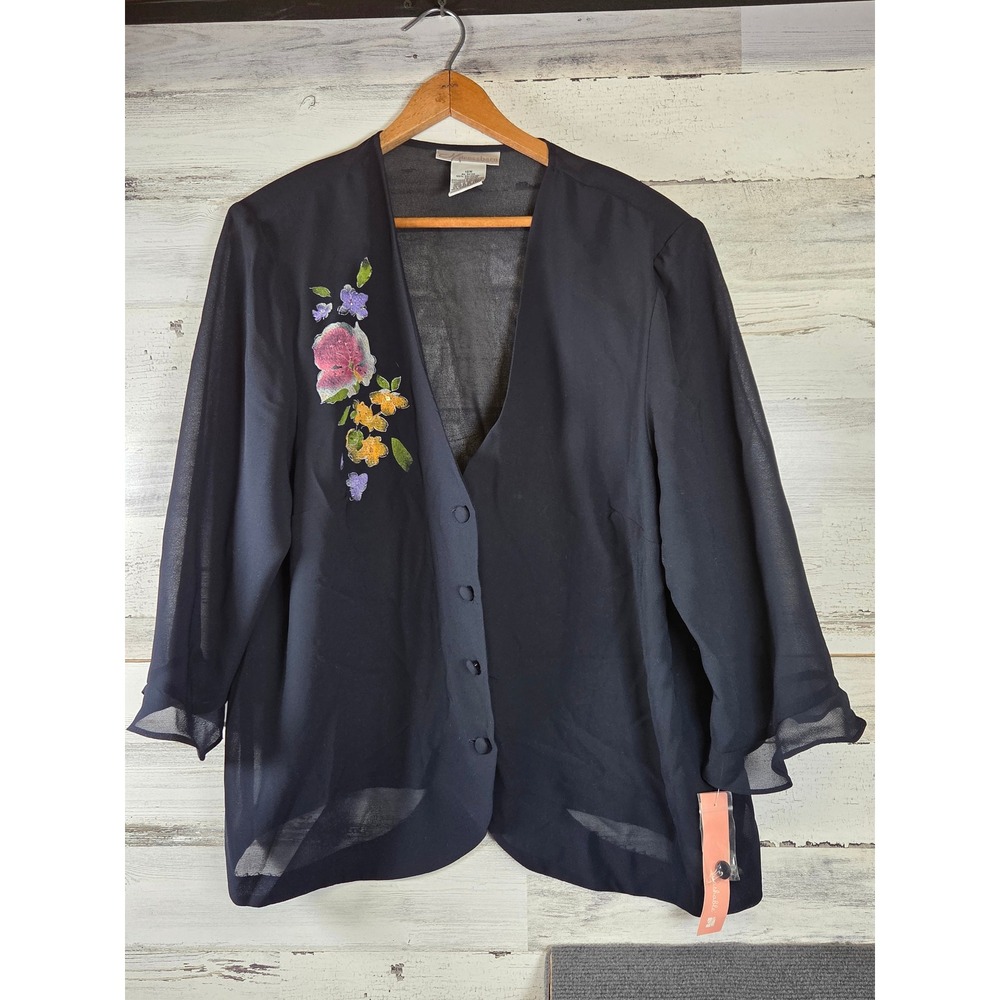 Dressbarn Jacket Women 18W‎ Black Floral Sheer Ruffle Sleeve Button Front NWT